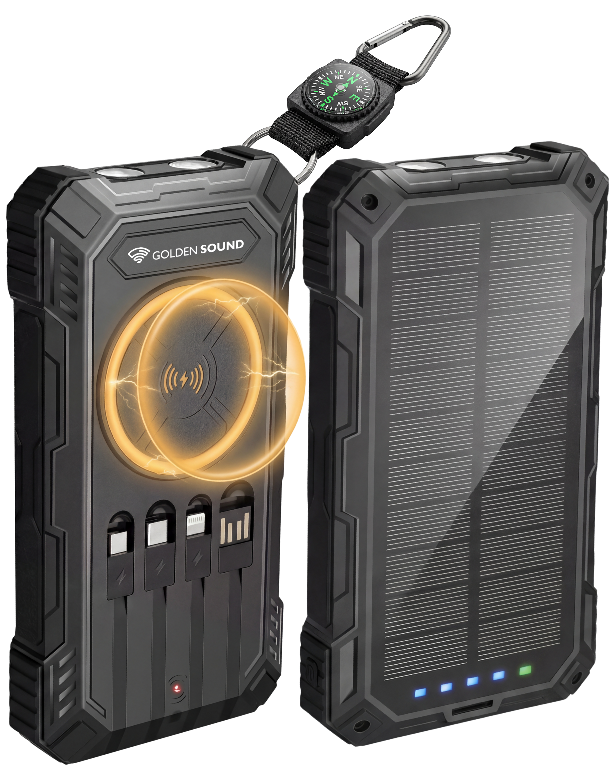 Black power bank with solar panel, cables, and compass keychain.