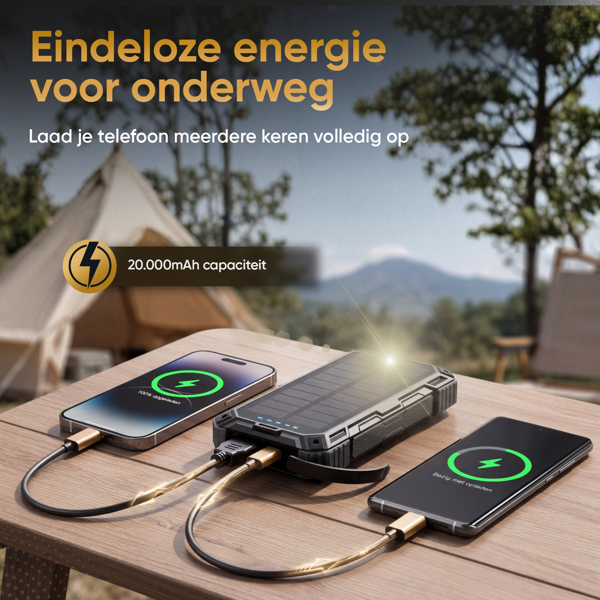 A solar power bank charges two smartphones on a wooden table. Tent and trees in the background.