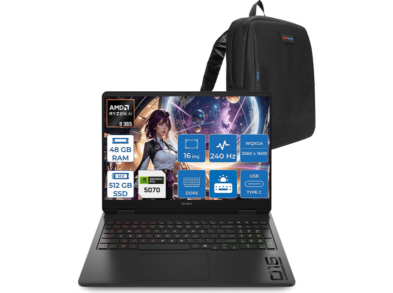 HP Omen DDR5 RTX5070 8GB 240 Hz 3ms 500nits C52QZEAF17 AMD Ryzen AI 9 365 48 GB RAM 512 GB SSD 16 inç FreeDOS Laptop+Çanta Siyah