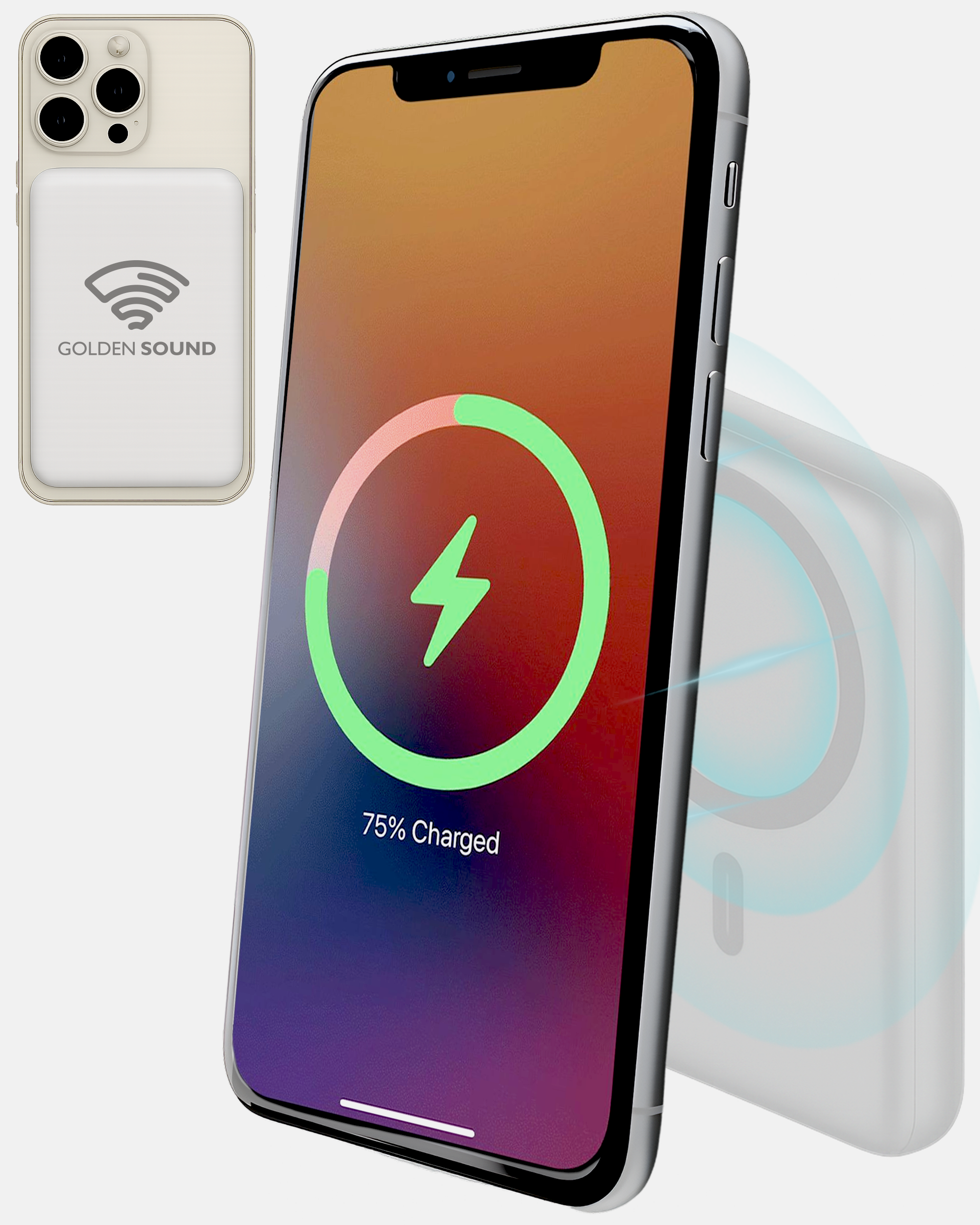 Een iPhone met draadloze oplader, 75% opgeladen, wordt weergegeven.