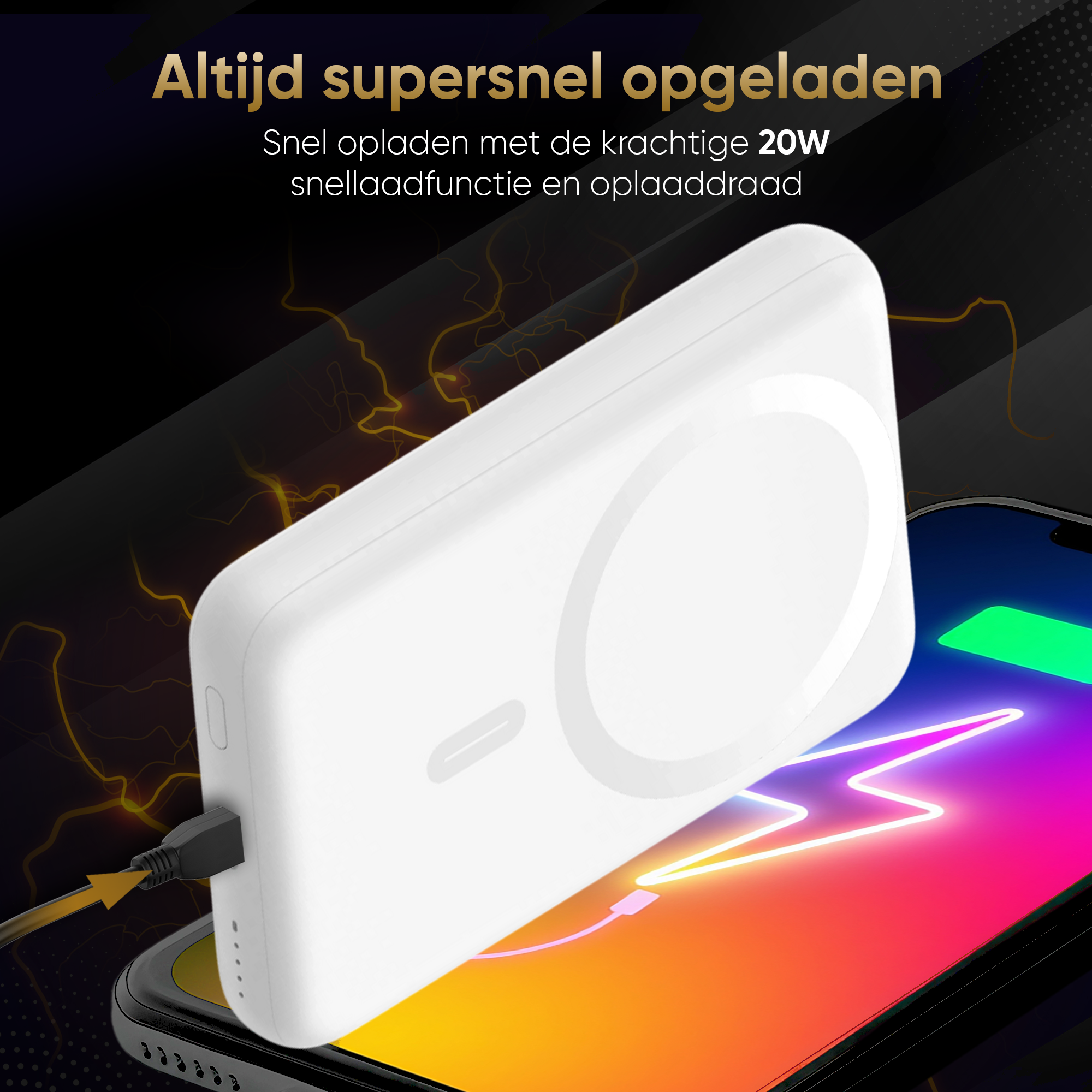 Een witte oplader laadt een smartphone op, verlicht met een bliksempatroon.