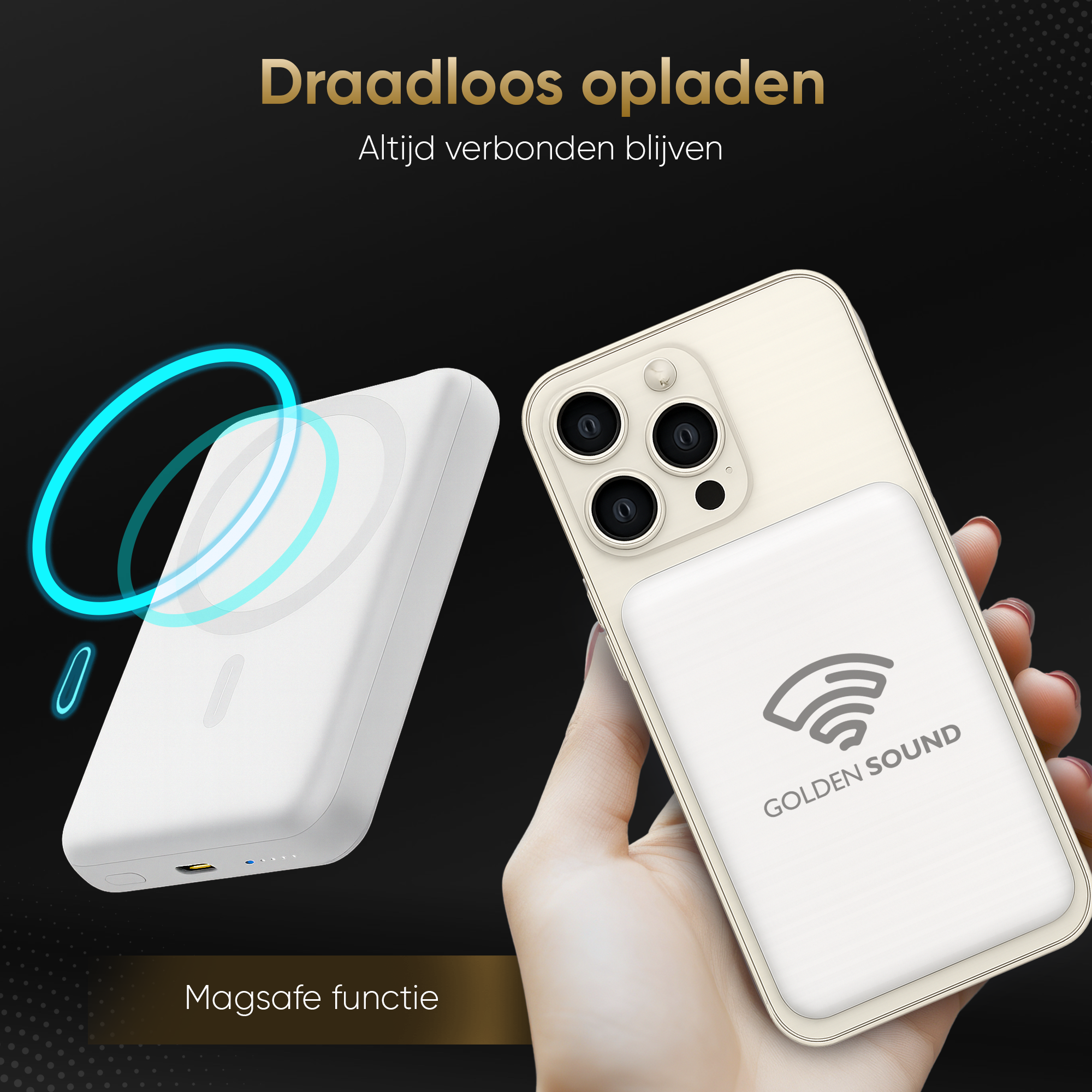 Een witte draadloze oplader en een iPhone met MagSafe hoes worden opgeladen.