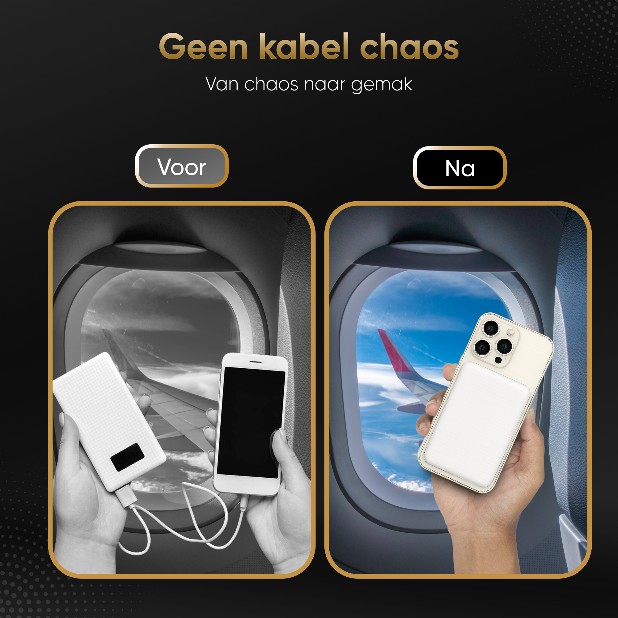 Voor: Handen met telefoon en powerbank met kabels. Na: Telefoon met hoesje bij raam.