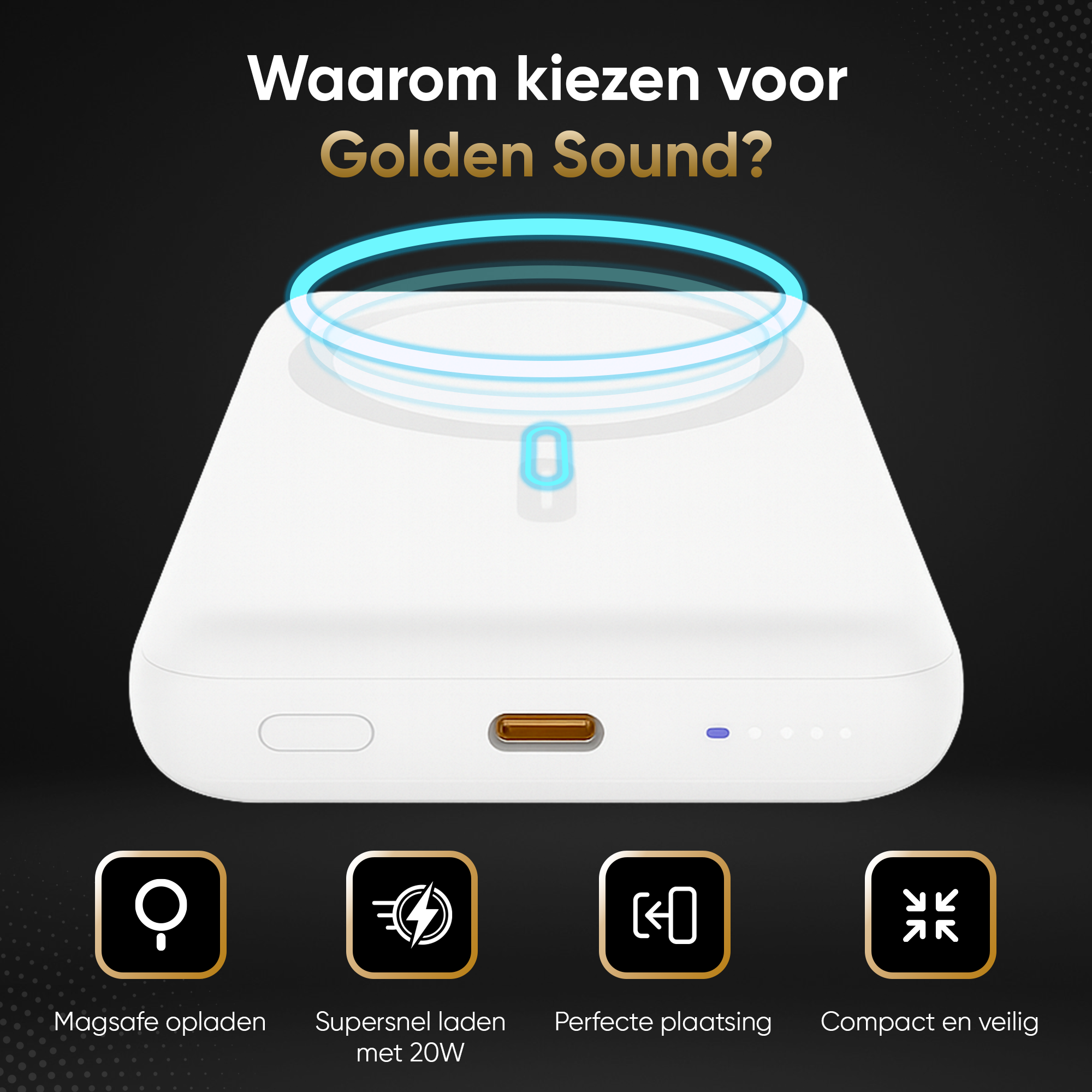 Wit oplaadstation met blauwe ringen, iconen voor MagSafe, snelladen, plaatsing en compact ontwerp.