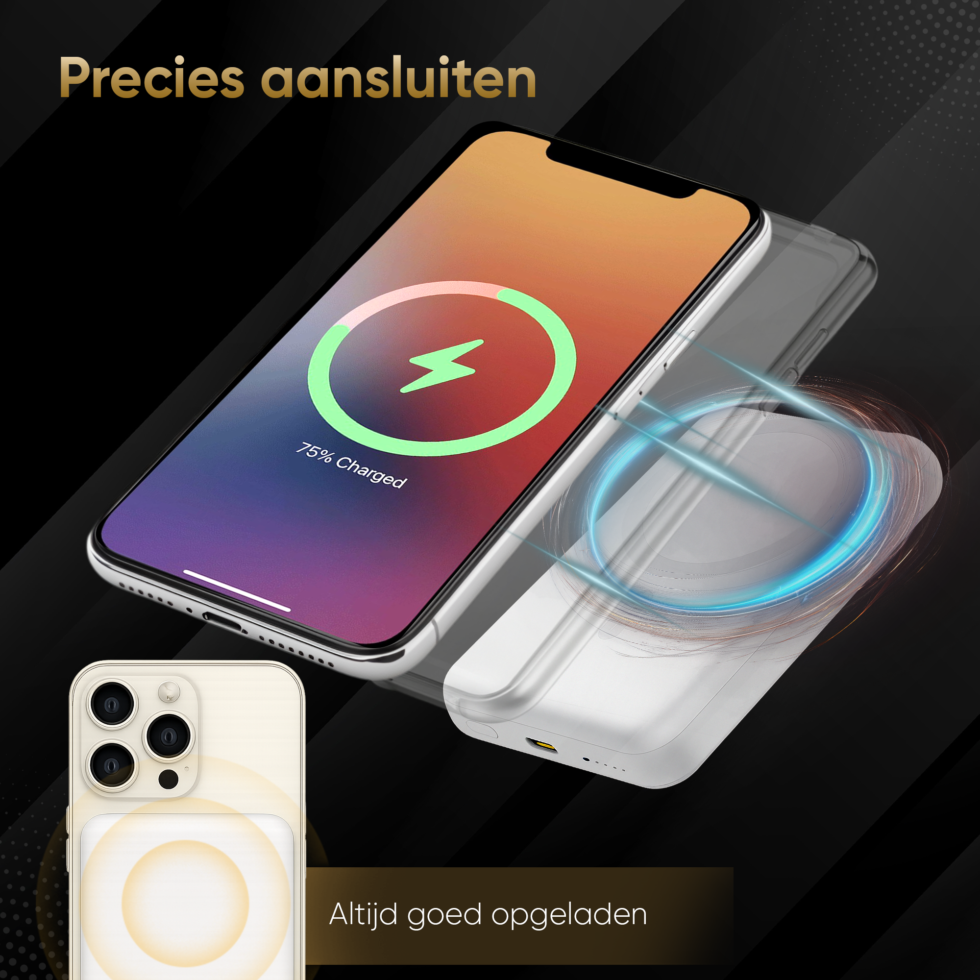 Een smartphone laadt draadloos op een wit oplaadstation. Het scherm toont een laadicoon.