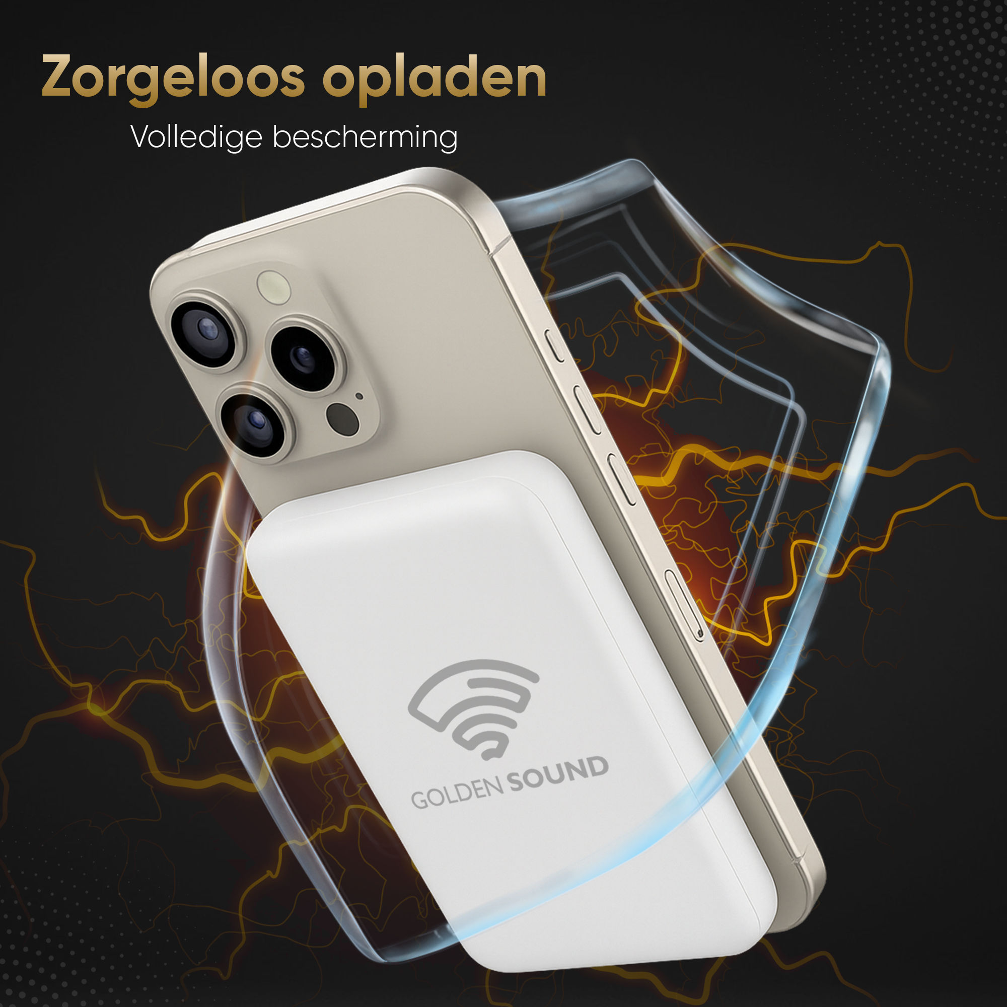 Een gouden smartphone met een witte powerbank, beschermd door een doorzichtige hoes.