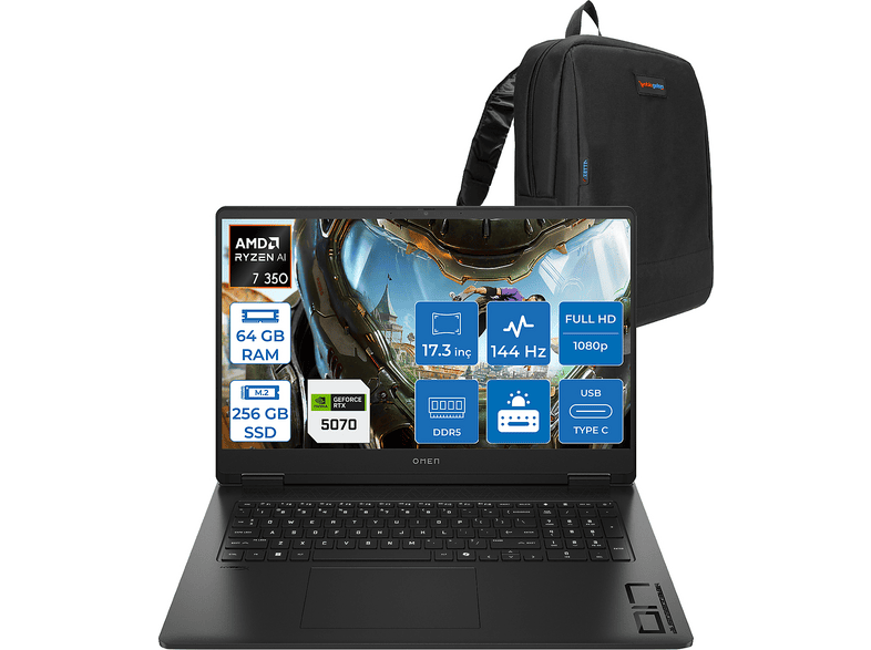 HP Omen DDR5 8GB RTX5070 FHD 144Hz IPS 7ms BQ1Q1EAF16 AMD Ryzen AI 7 350 64 GB RAM 256 GB SSD 17,3 inç FreeDOS Laptop+Çanta Siyah