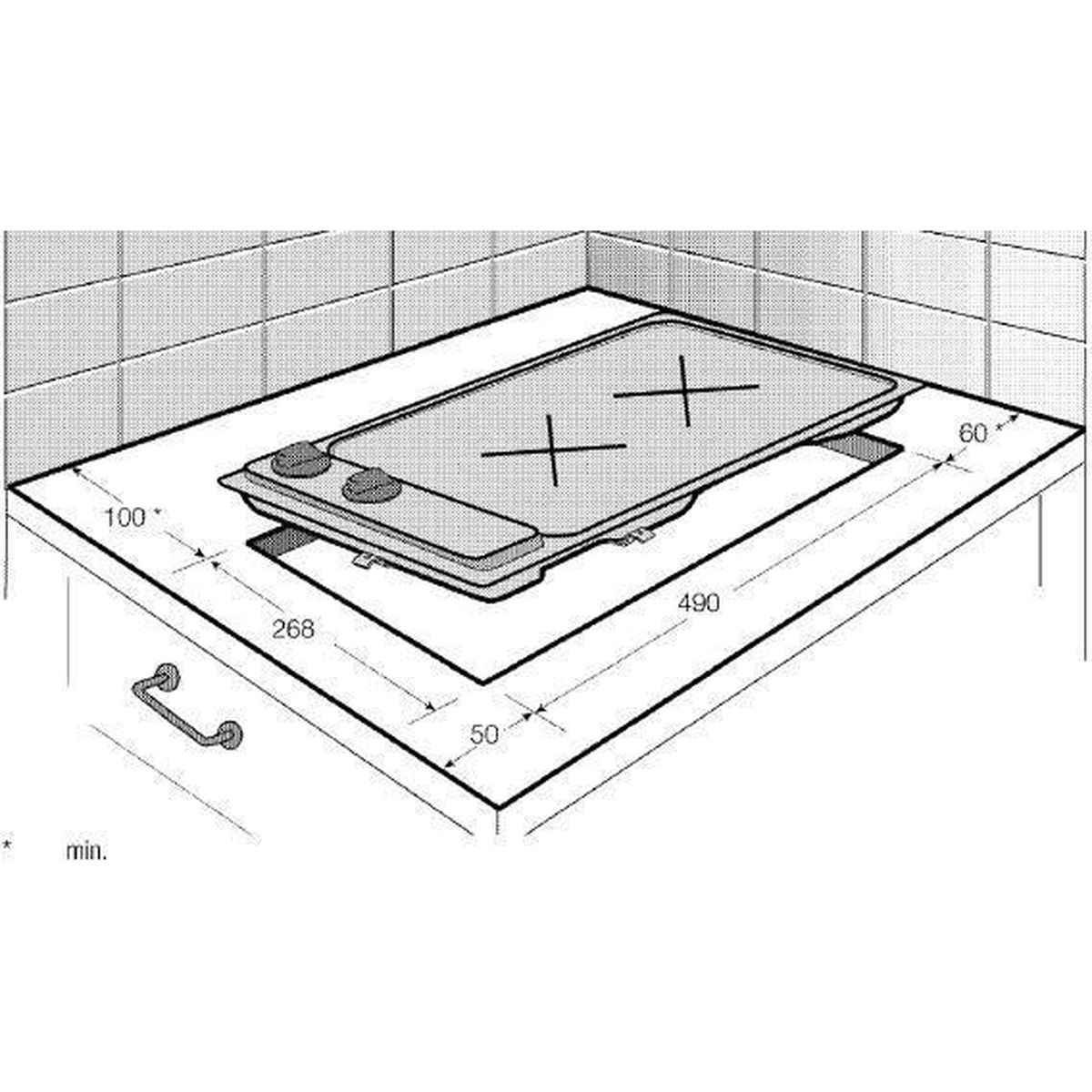 Disegno di installazione di un piano cottura con dimensioni.