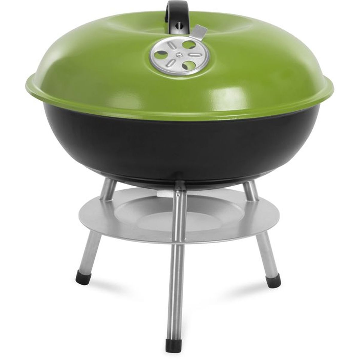 Una griglia compatta verde e nera con gambe argentate, isolata su sfondo bianco.