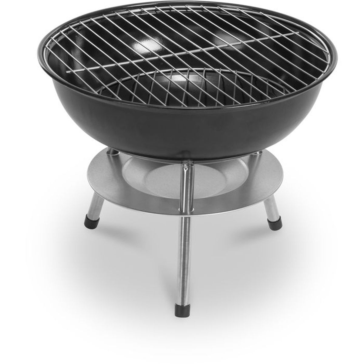 Un barbecue nero a forma di sfera su tre gambe metalliche con griglia e base argentate.