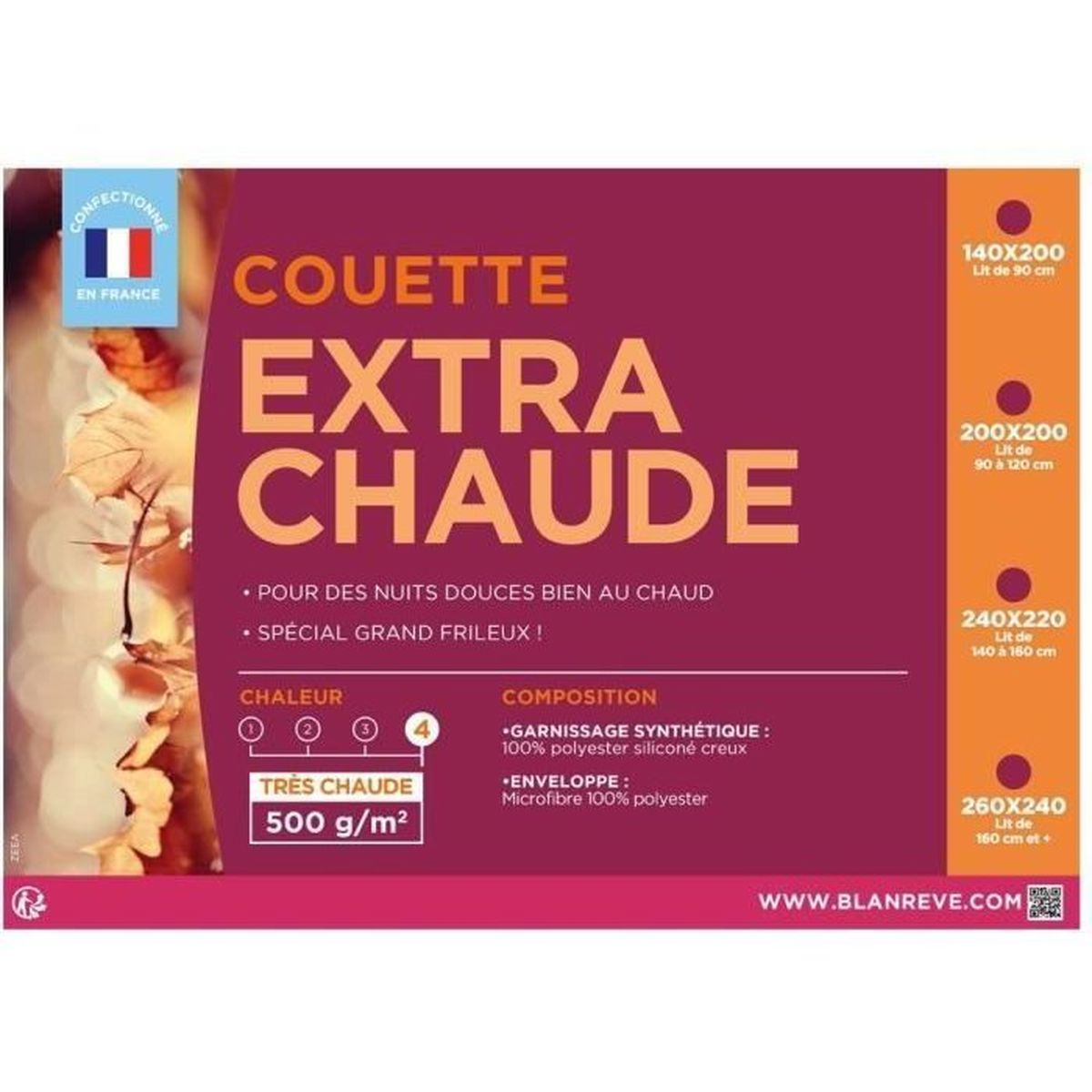 Eine Decke mit der Aufschrift 'Extra Warm', gefertigt in Frankreich.