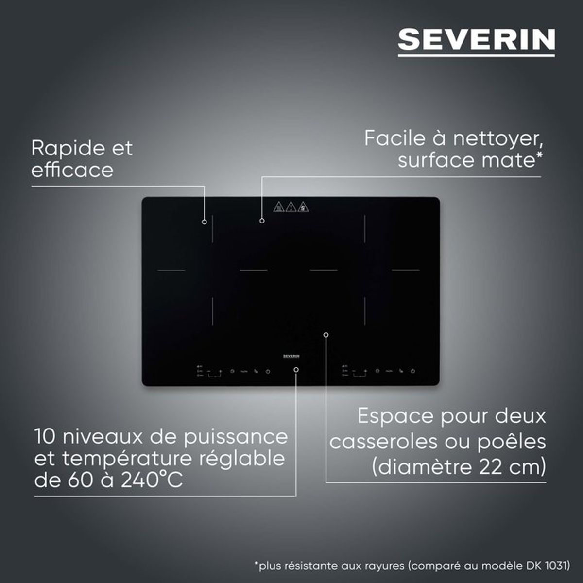 Placa de inducción negra con controles y marcas.