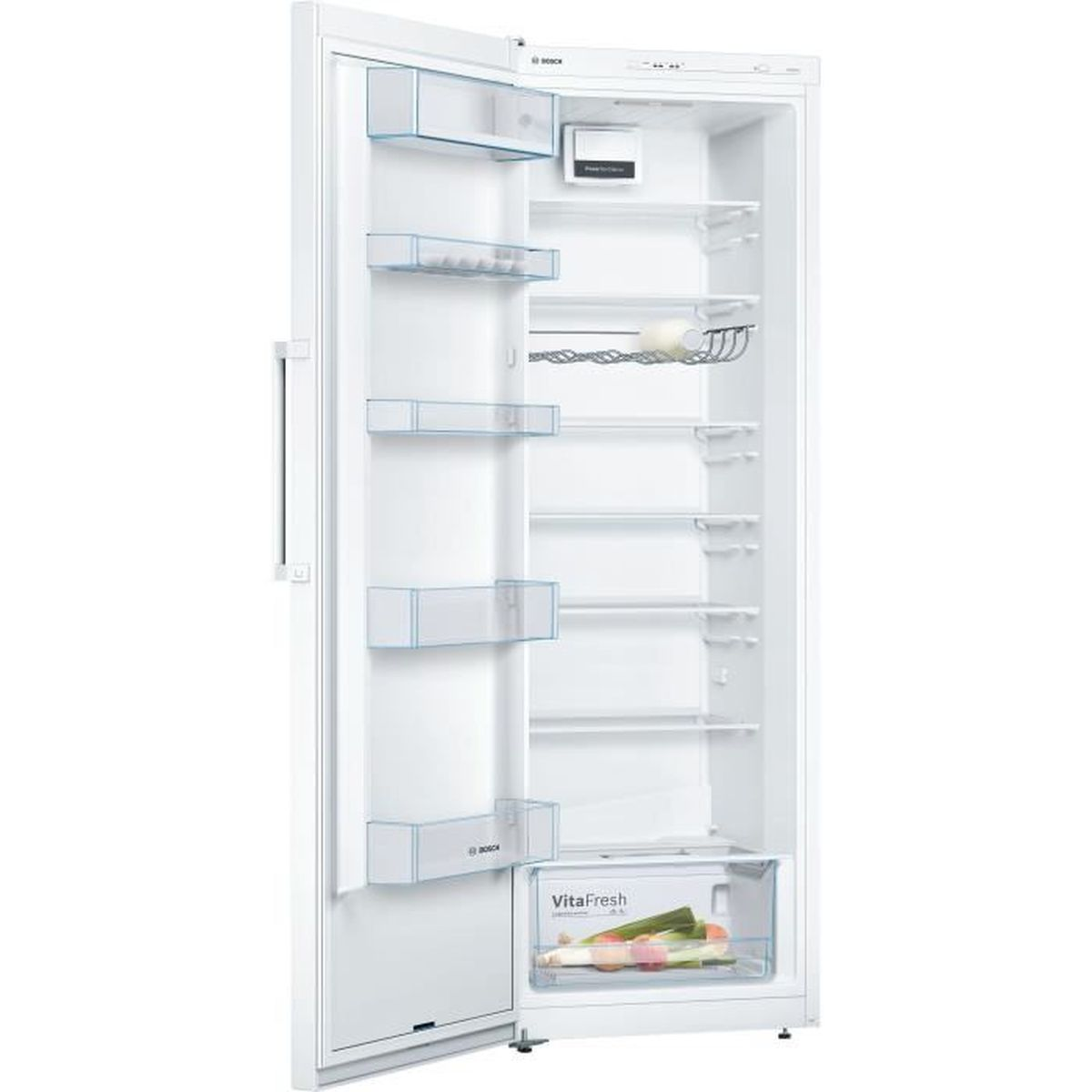 Un refrigerador Bosch blanco abierto con varios estantes y compartimentos.
