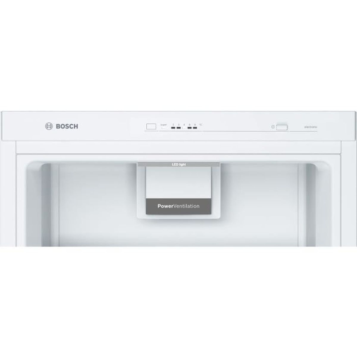 Puerta blanca de refrigerador Bosch con luz LED y pantalla PowerVentilation.