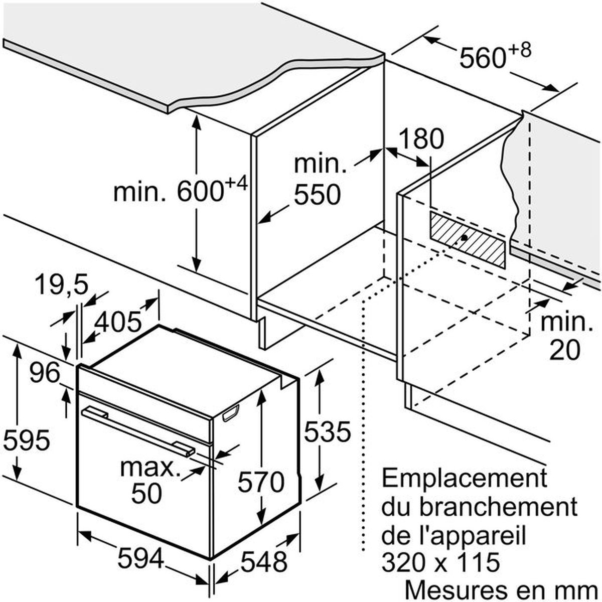 Disegno tecnico con dimensioni per un forno da incasso. Misure in mm.