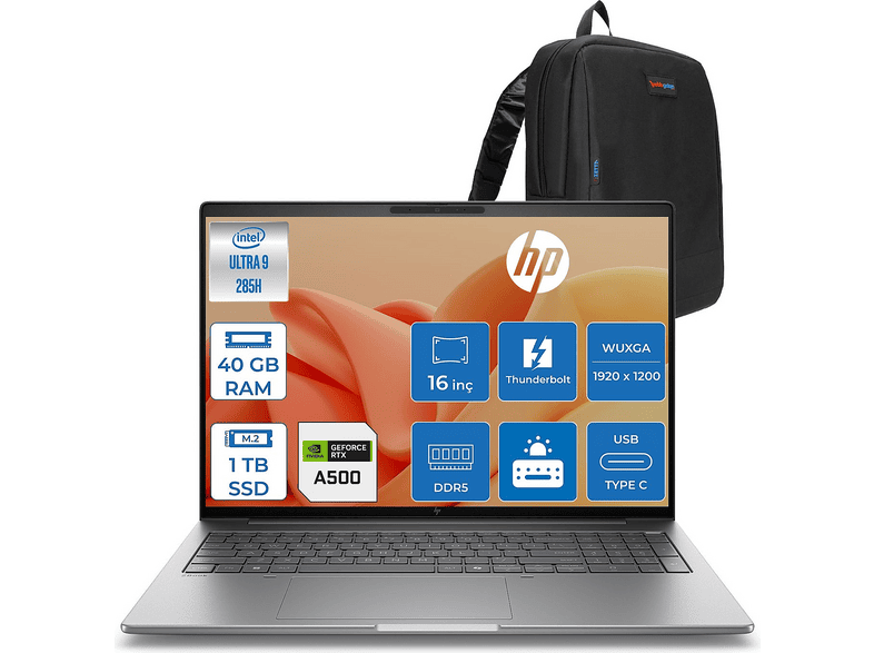 HP ZBook 8 G1I 4GB RTX500ADA B30HJESF36 Intel Core Ultra 9 285H 40 GB RAM 1 TB SSD 16 inç FreeDOS Laptop+Çanta Gri