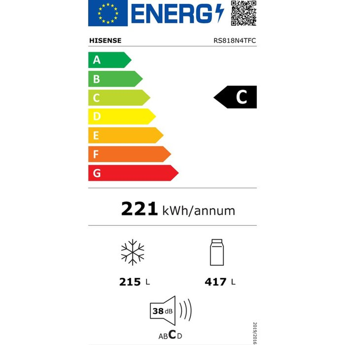 Energielabel für Hisense Kühlschrank RS818N4TFC, Energieeffizienzklasse C.