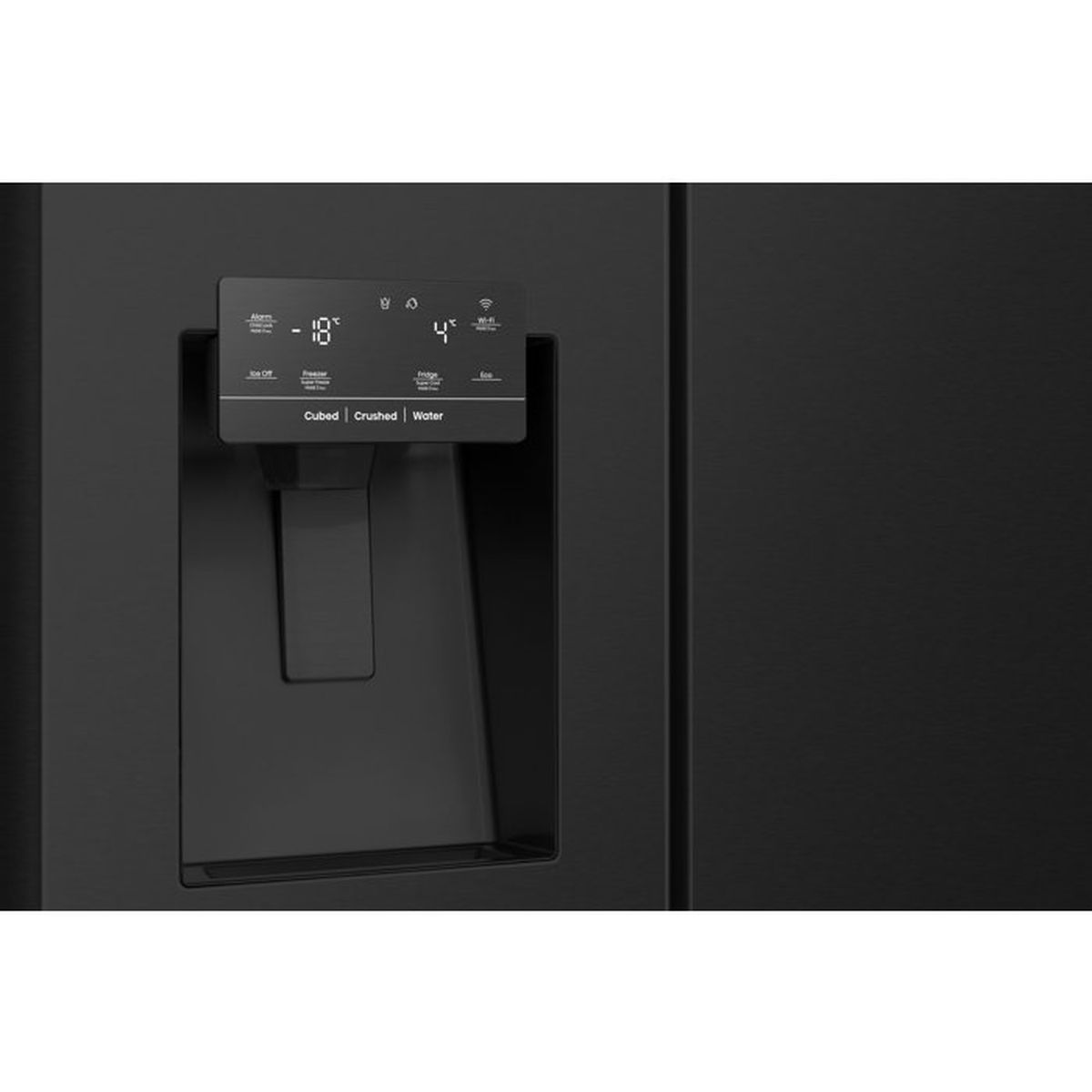 Schwarzer Kühlschrank mit Wasserspender und digitalem Display mit Temperaturen.