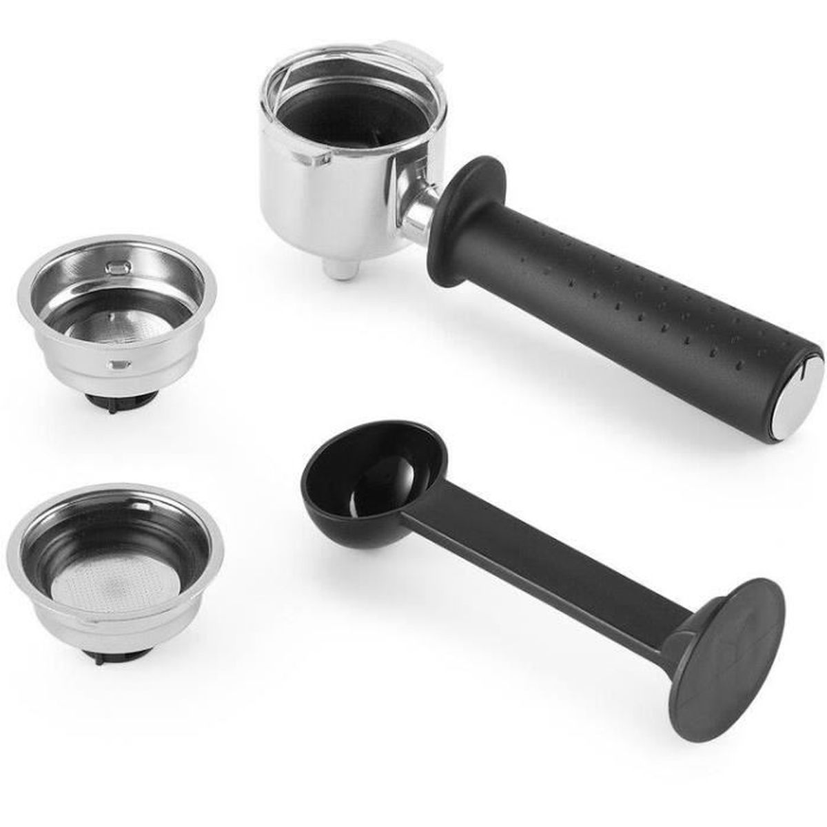 Espressomachinetrekker, twee filterbakjes en een zwarte koffieschep.