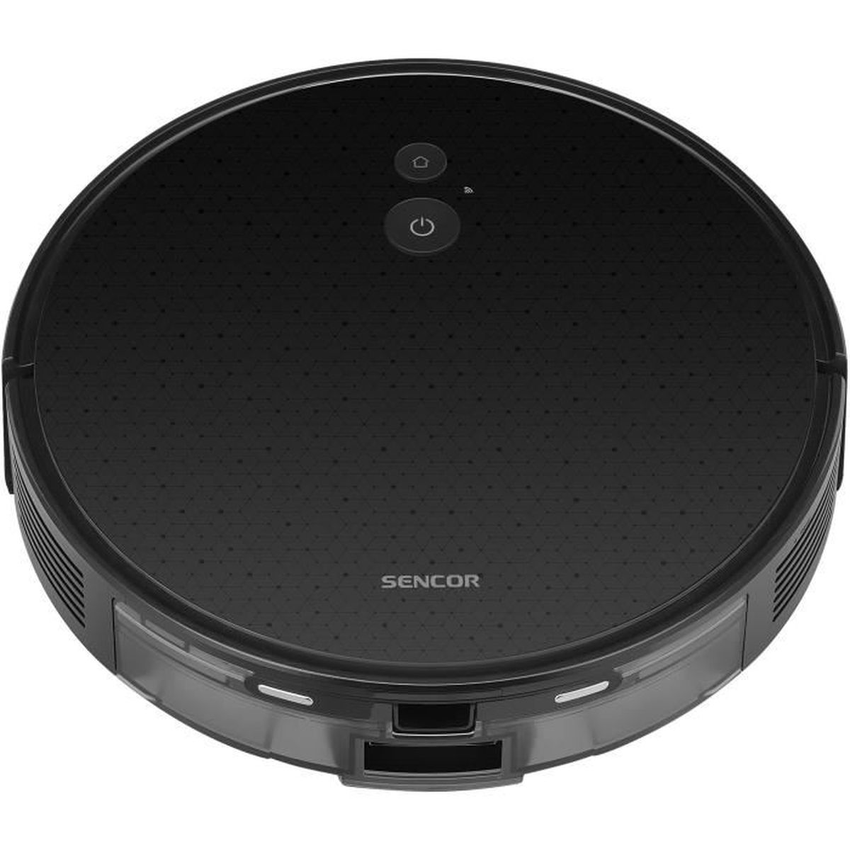 Aspirador robot negro con logo SENCOR y botones de control encima.