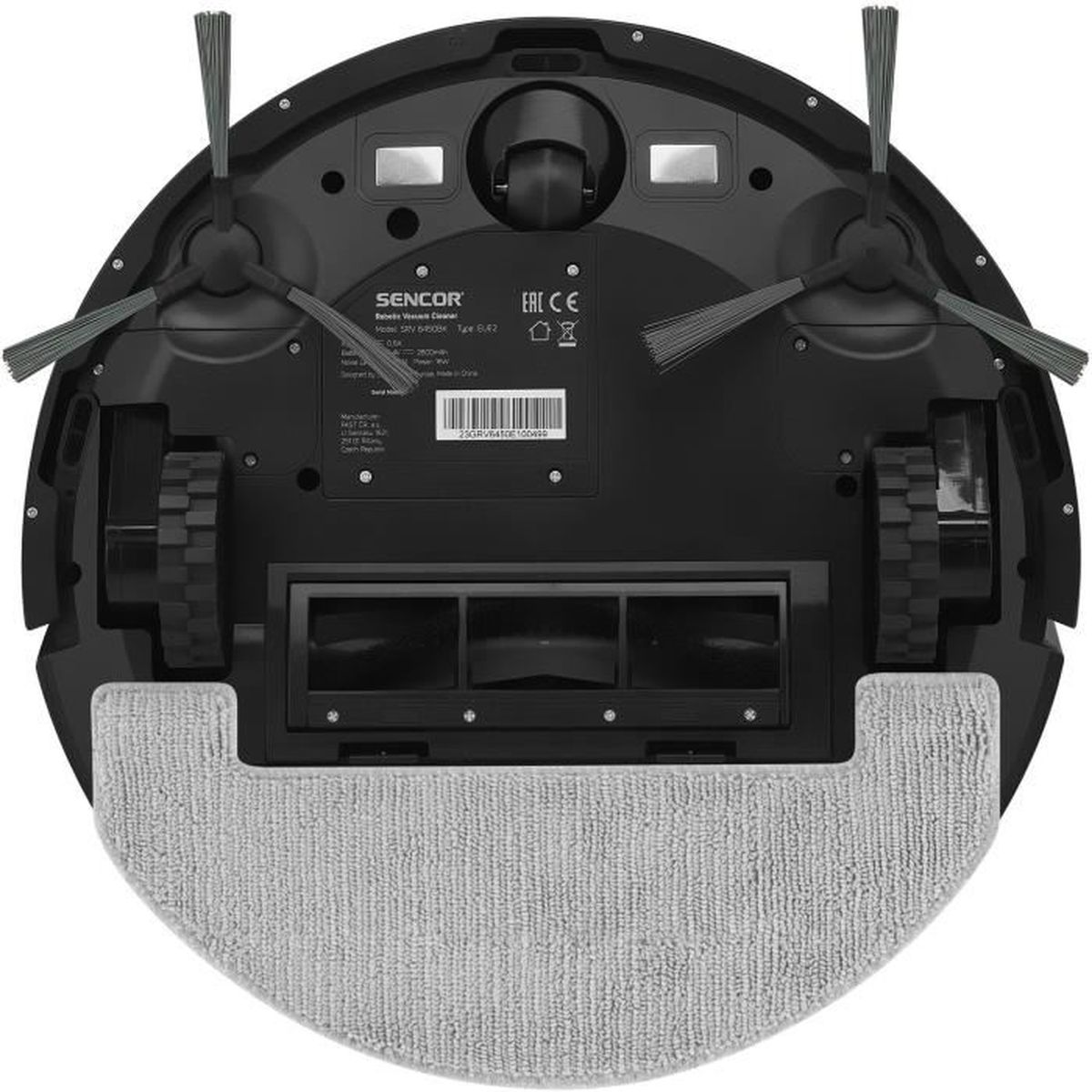 Parte inferior de un robot aspirador negro con cepillos giratorios, ruedas y mopa.