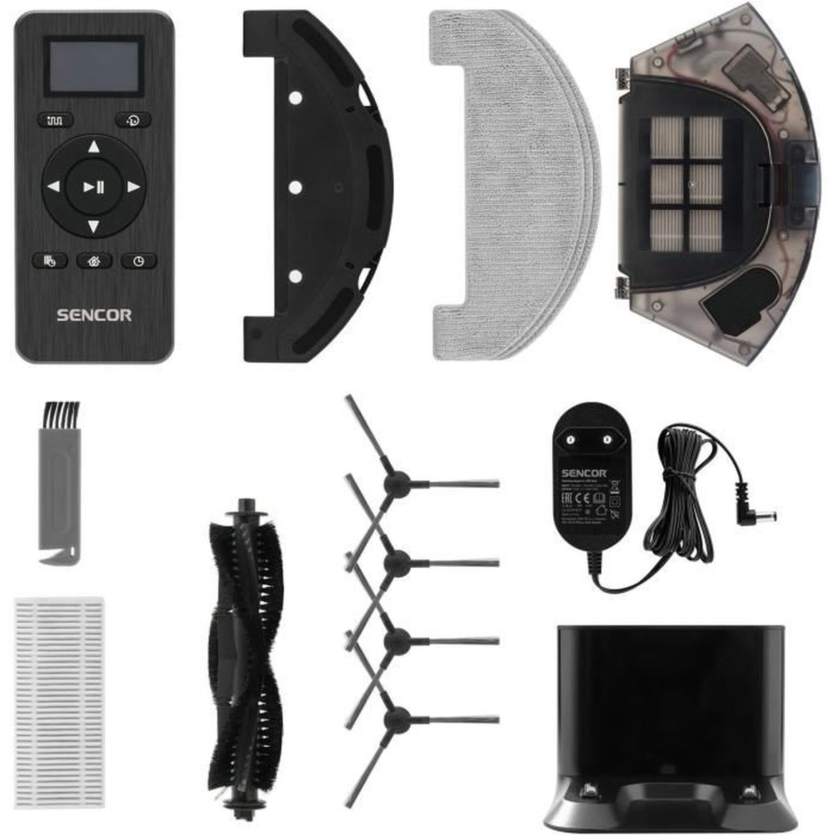 Piezas de robot aspirador: mando, cargador, cepillos, filtro, mopa, papelera y base.