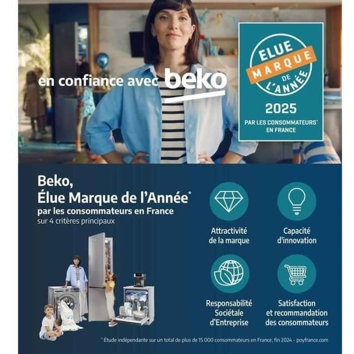 Donna con logo Beko e premio "Marchio dell'Anno 2025".