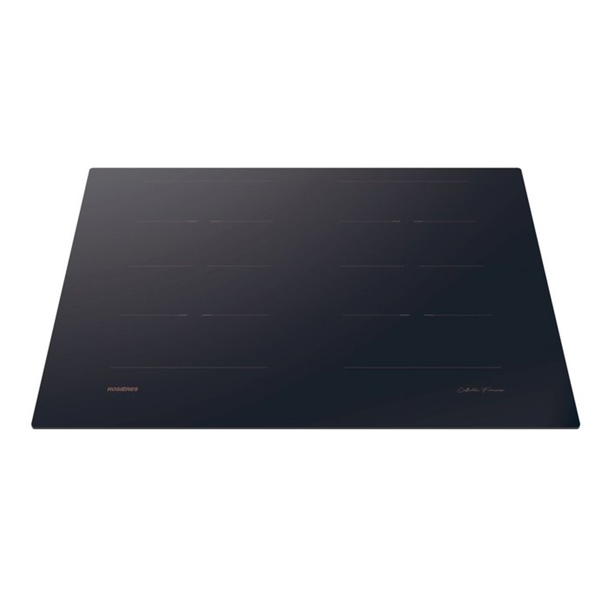 Placa de inducción negra con cuatro zonas de cocción y líneas finas.