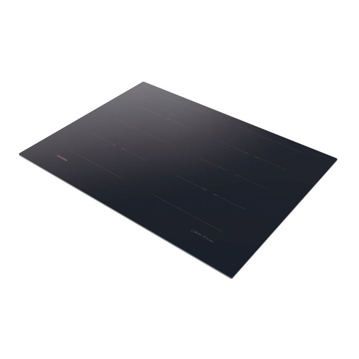 Placa de inducción negra con cuatro zonas de cocción, sobre fondo blanco.