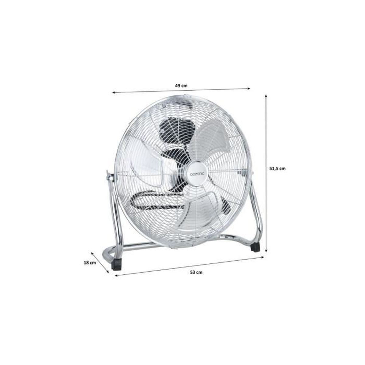 Ein silberner Standventilator mit Metallgittern und Maßen.