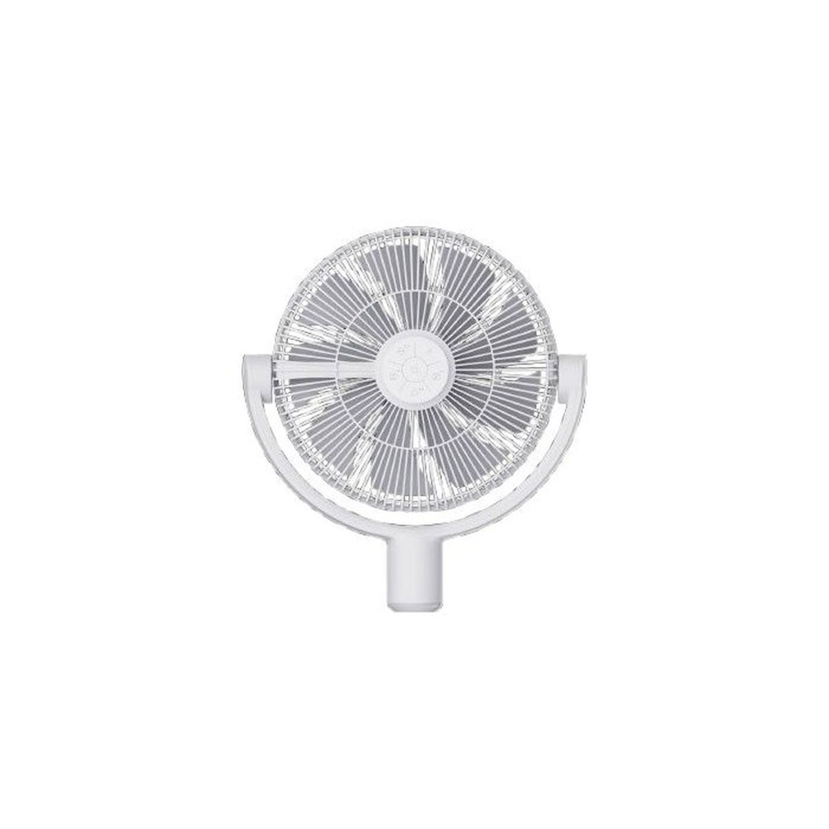A white fan with a round grille and adjustable stand.