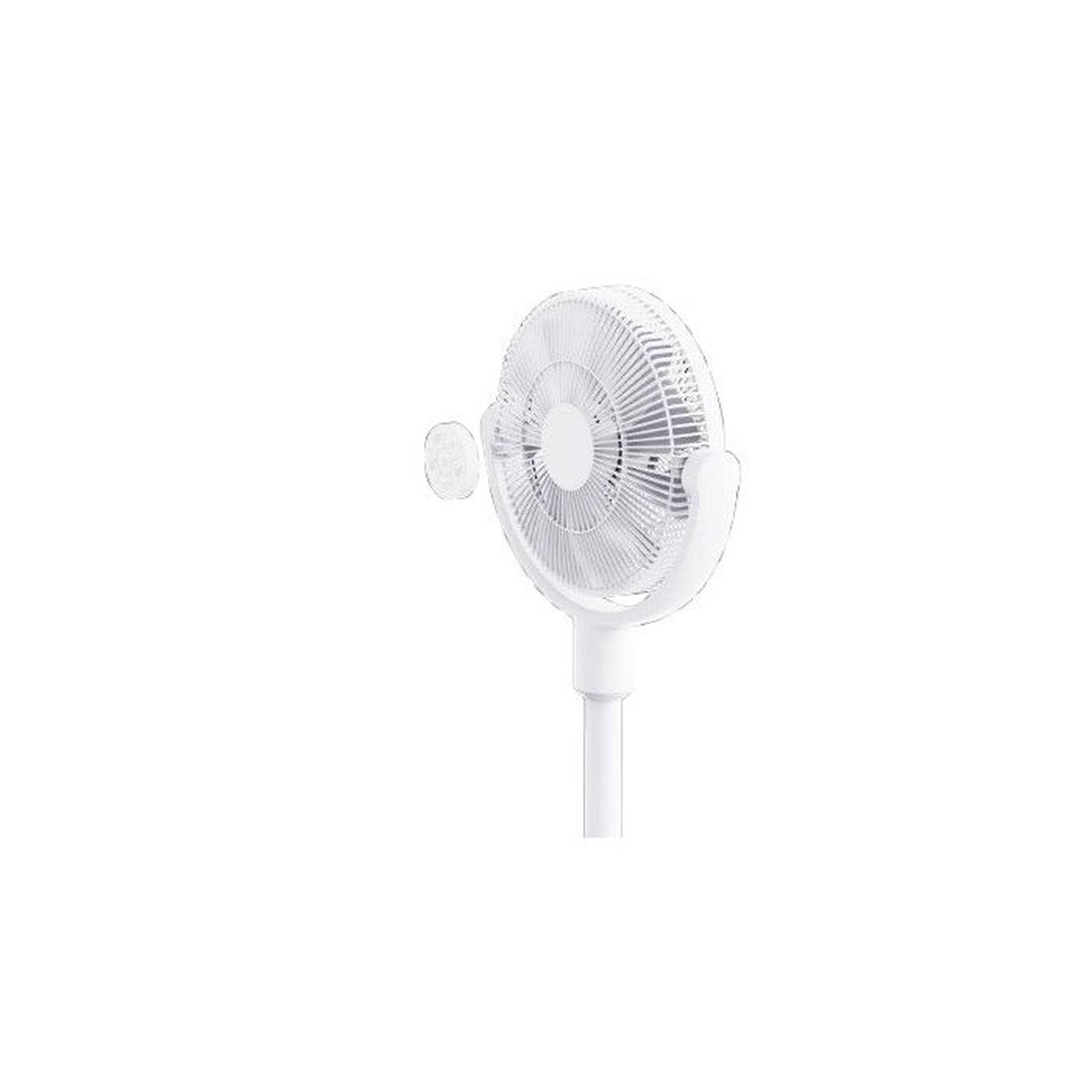 A white pedestal fan with a remote control on a white background.