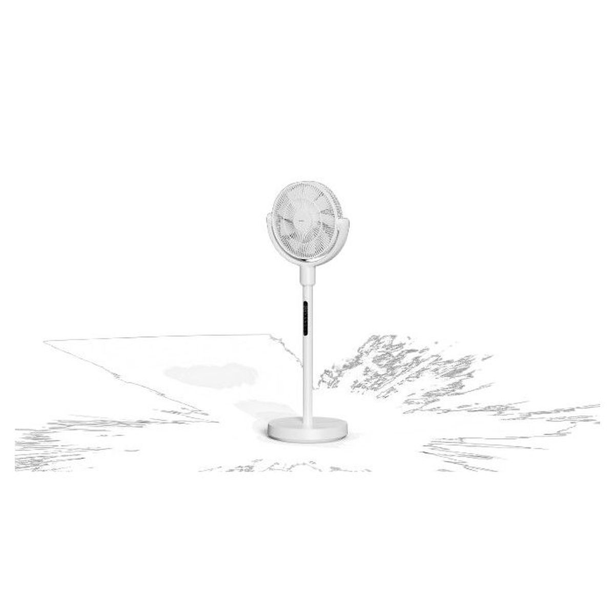 A white standing fan with control panel on the stem, set against a white background.