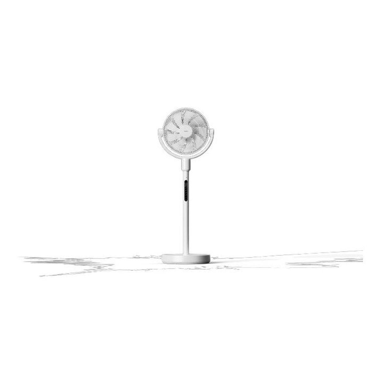 A white standing fan with a round head and control panel on the stem.