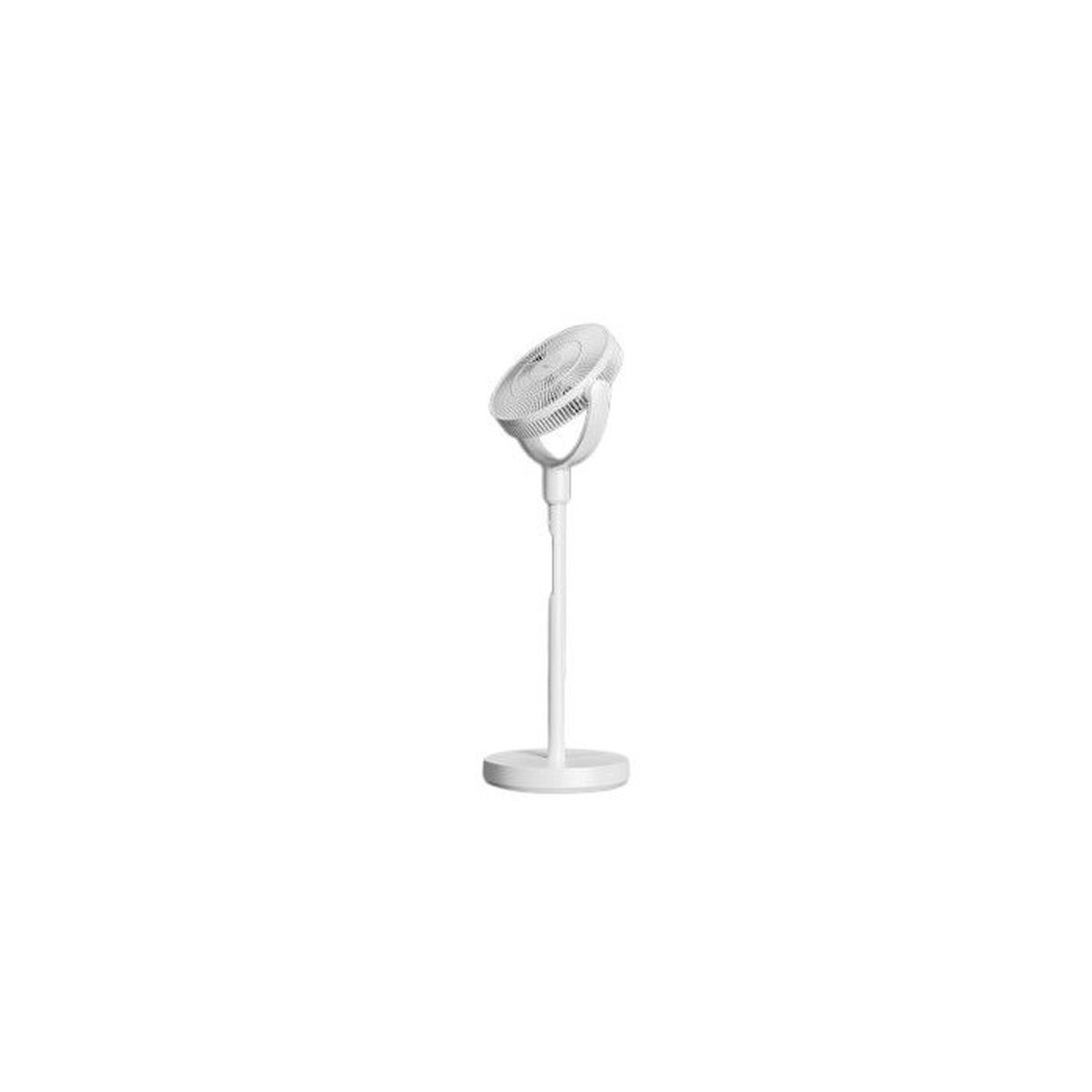 A white oscillating floor fan with a round base and adjustable head.