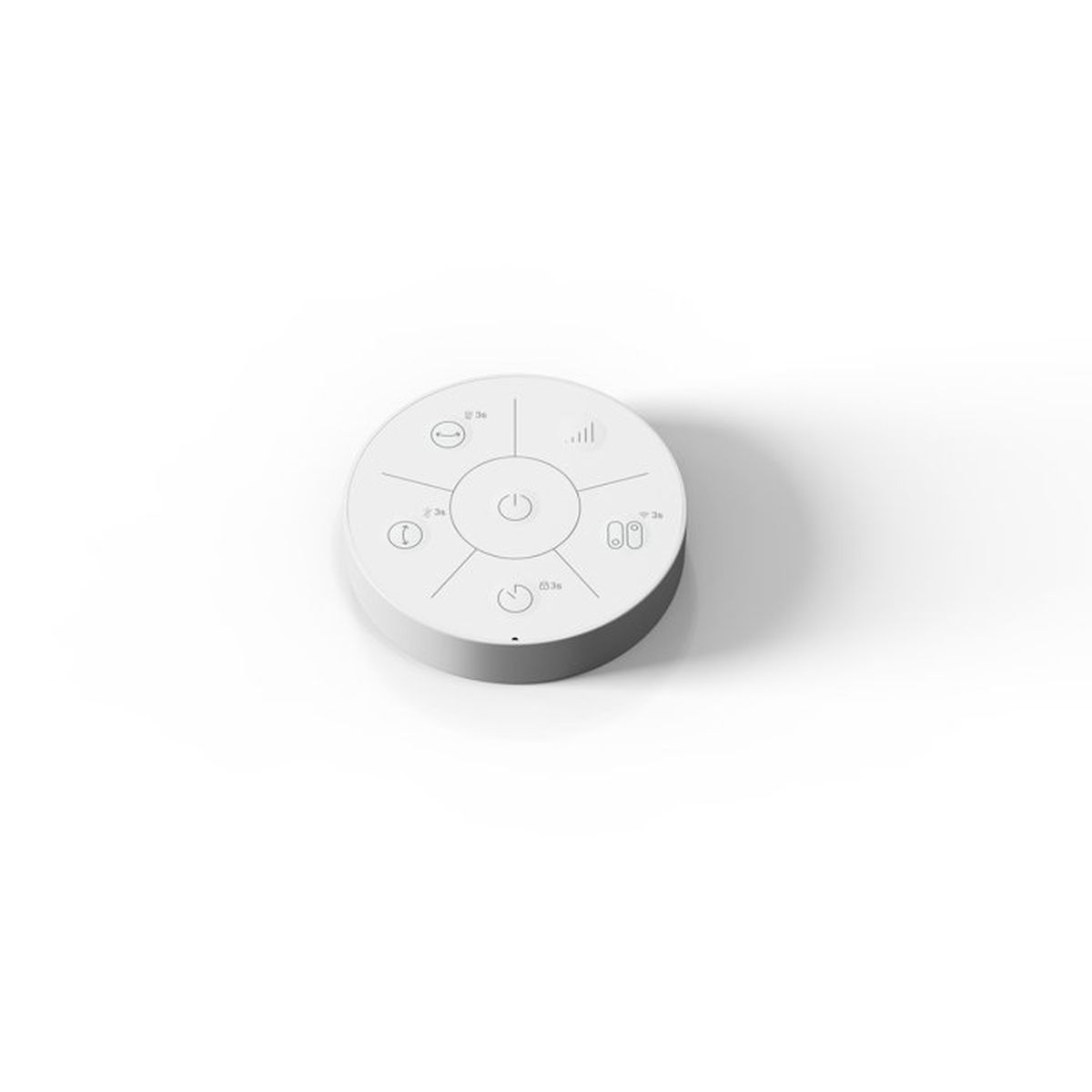 White circular remote with buttons for power, timer, and volume control.