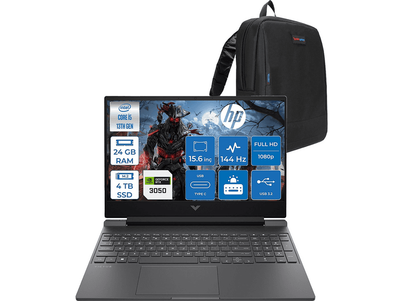 HP Victus 15-FA2704NT RTX3050 6GB 144 Hz B7TG9EAF15 Intel Core i5-13420H 24 GB RAM 4 TB SSD 15,6 inç FreeDOS Laptop+Çanta Gümüş
