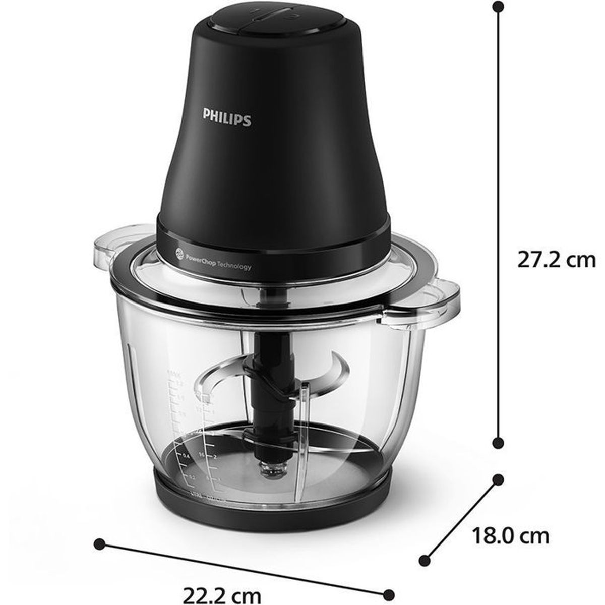Un tritatutto Philips nero con ciotola in vetro, dimensioni indicate.