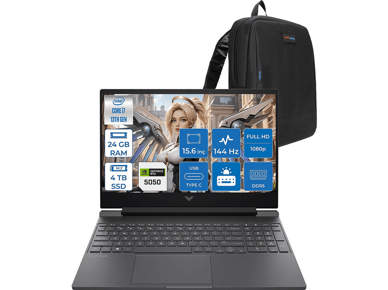 HP Victus 15-WFA2036NT 8GB RTX5050 144Hz IPS C52QWEAF10 Intel Core i7-13620H 24 GB RAM 4 TB SSD 15,6 inç FreeDOS Laptop+Çanta Gümüş