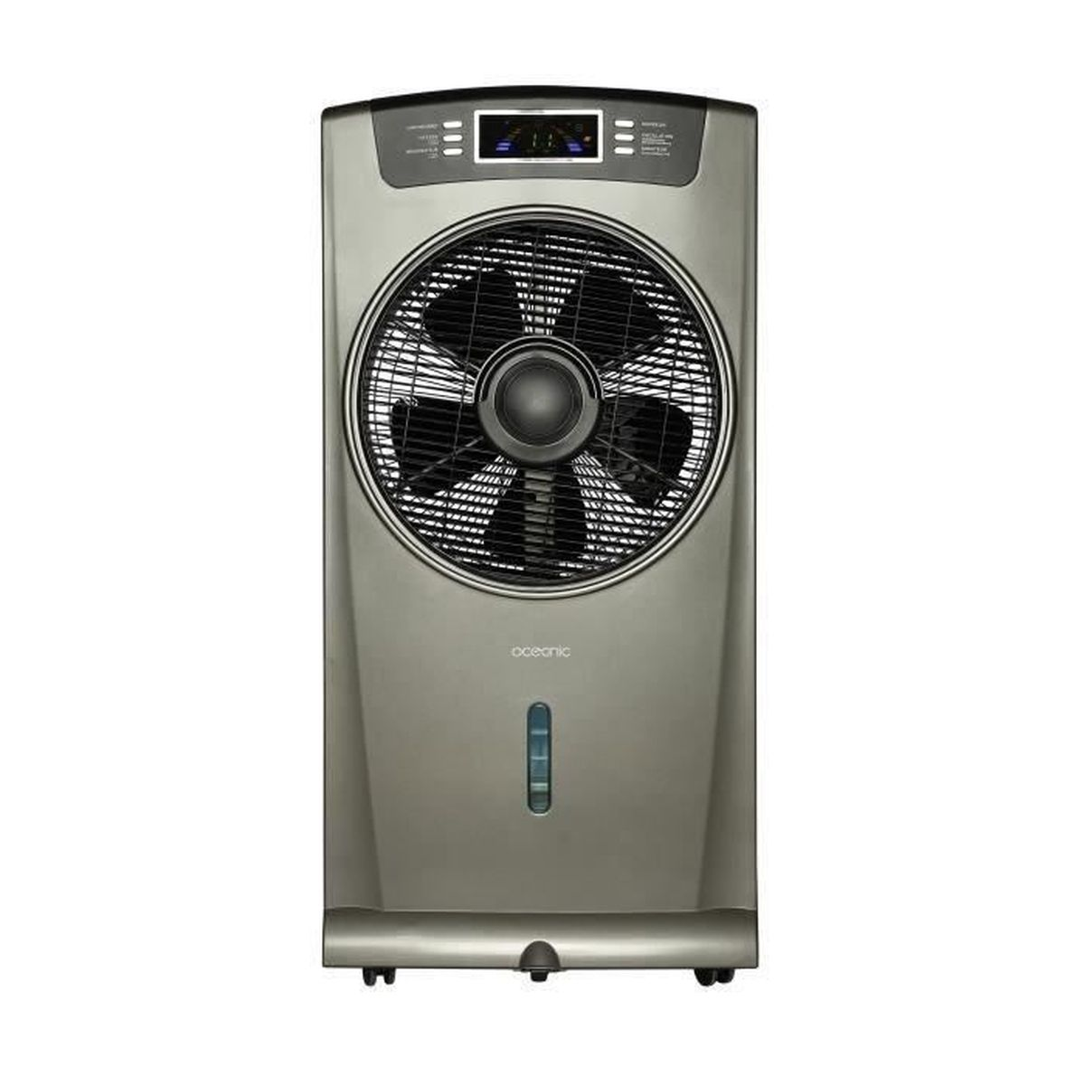 Ein grauer Turmventilator mit digitalem Display und Wasserstandsanzeige.