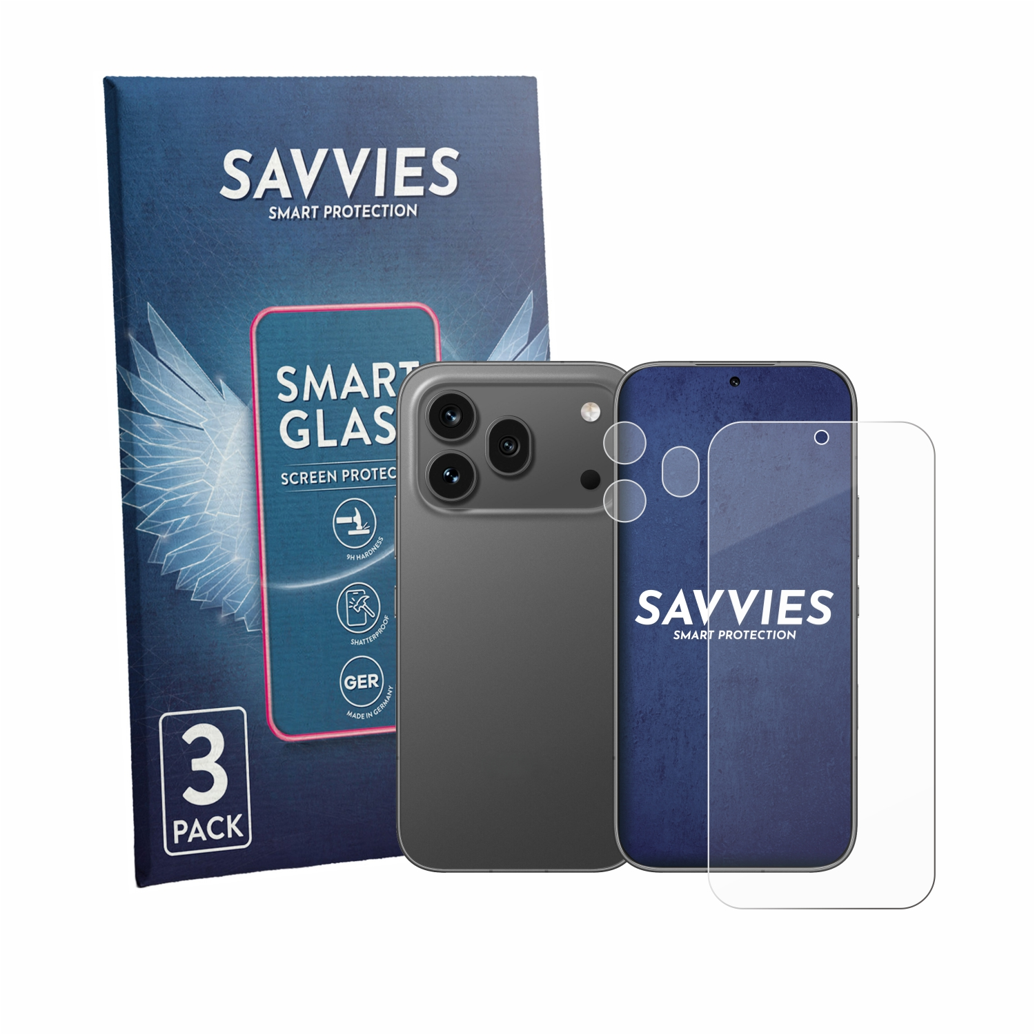 Eine Packung mit 3 Displayschutzfolien von Savvies für Smartphones.