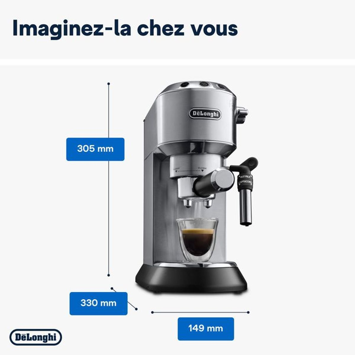 Silver coffee machine with glass and espresso, dimensions shown.