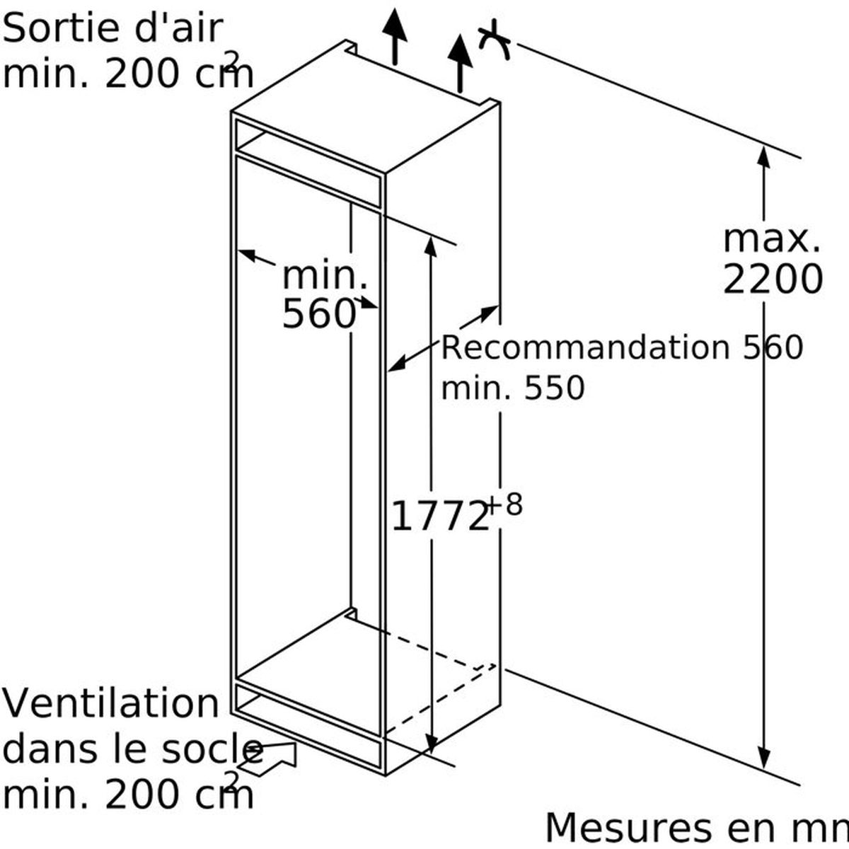 Disegno tecnico di un mobile con dimensioni per uscita aria, profondità e altezza.