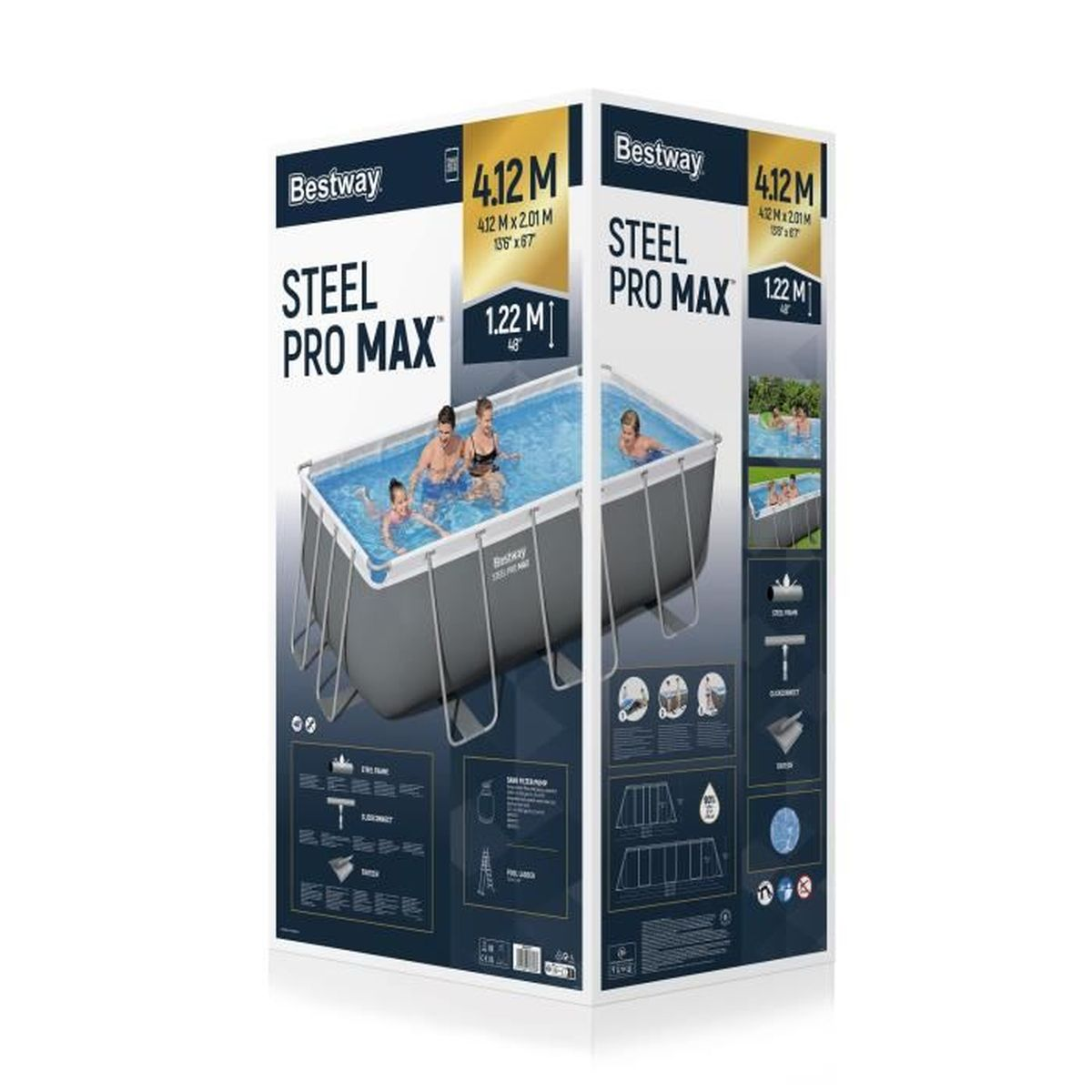 Pudełko basenu Bestway Steel Pro Max z rodziną kąpiącą się i detalami produktu.