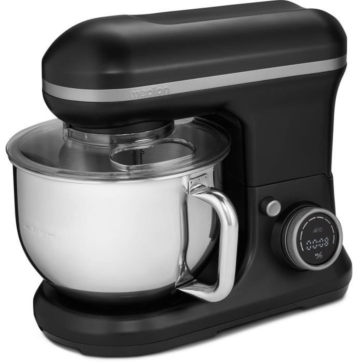 Schwarzer Küchenmixer mit Edelstahlschüssel und Glasdeckel, Medion-Logo.