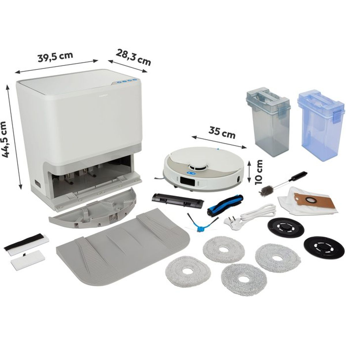 Een robotstofzuiger set met laadstation, dweilpads, filters en accessoires.