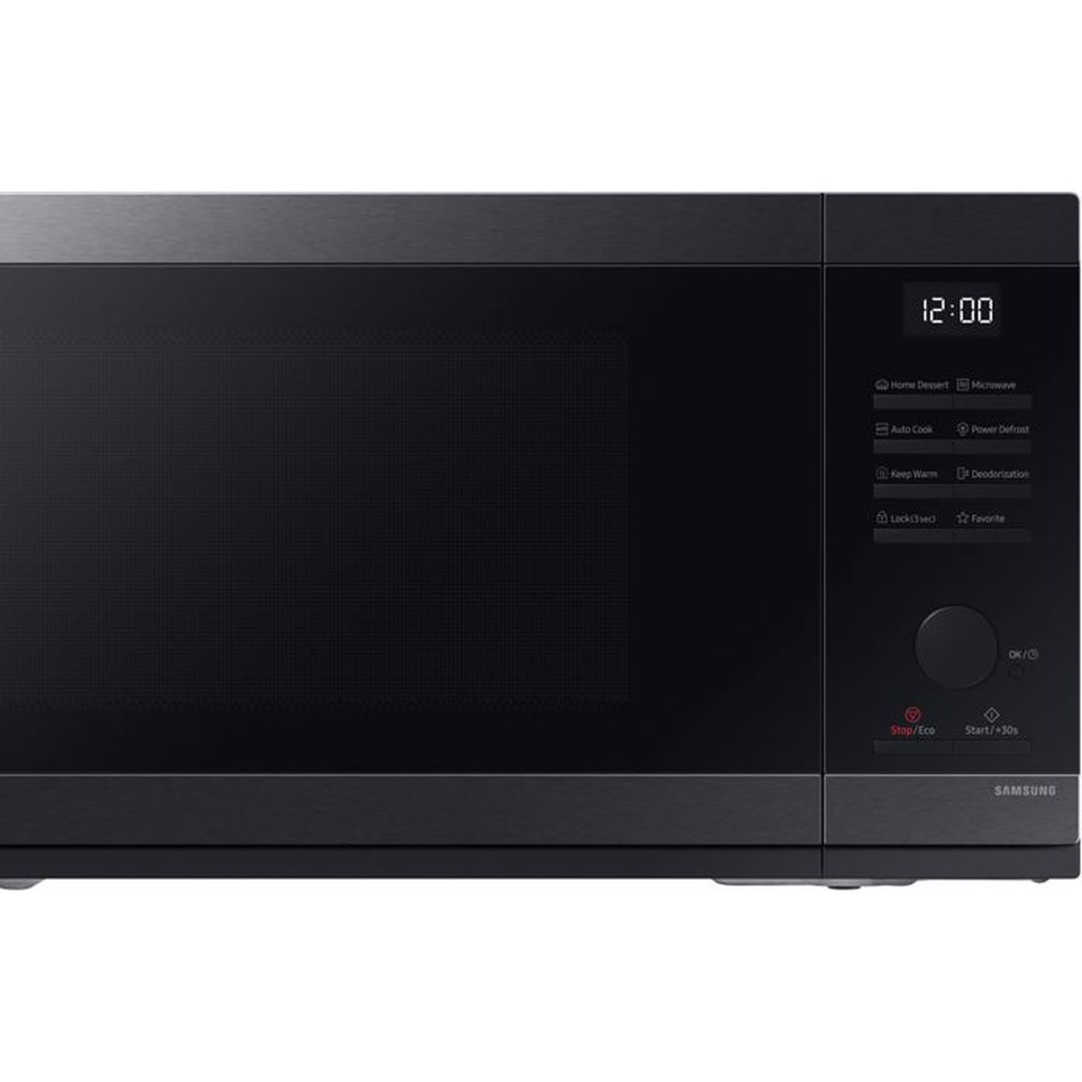 A black Samsung microwave with a digital display and control panel.