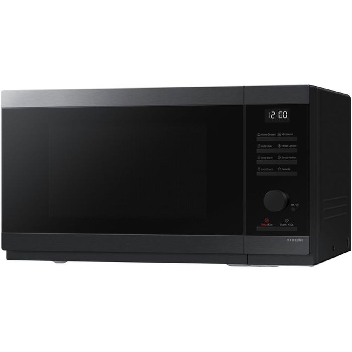A black Samsung microwave with a digital display showing 12:00.