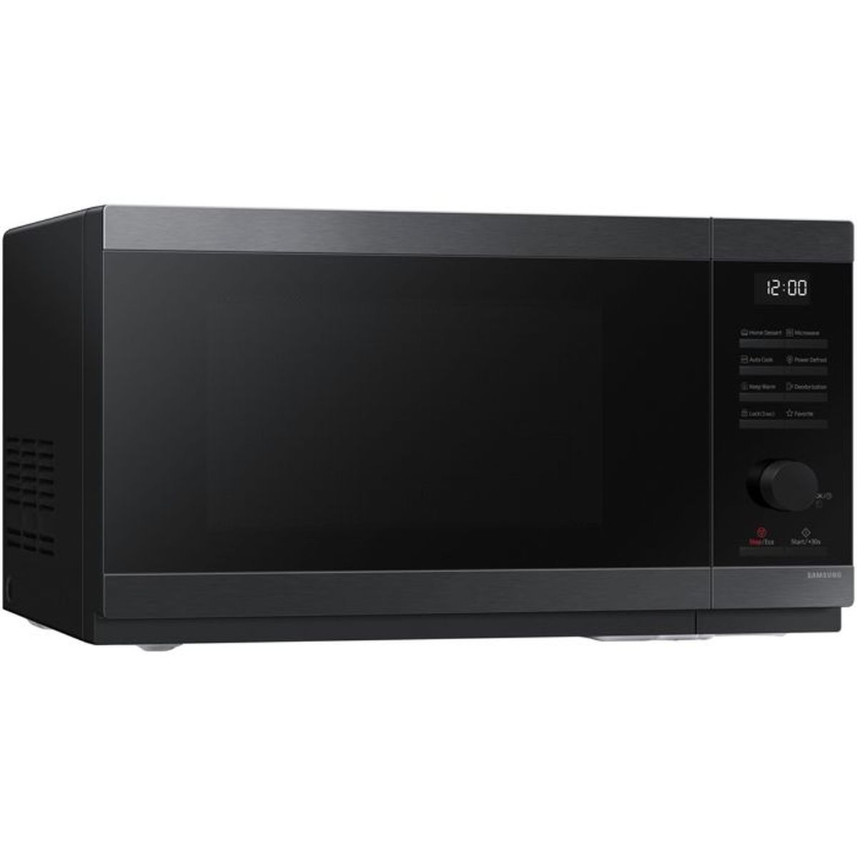 A black Samsung microwave with a digital display showing 12:00 and control buttons.