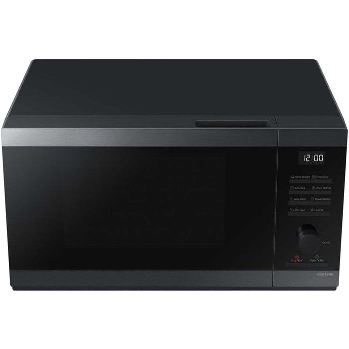 A black Samsung microwave oven with a digital display and control panel.